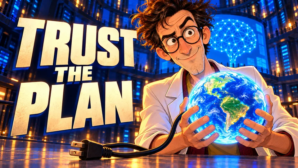 An illustrated inventor holds a glowing globe beside TRUST THE PLAN, with an unplugged cord in front.
