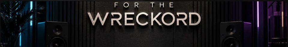 For The Wreckord in satin silver lettering, lit in cyan and violet.