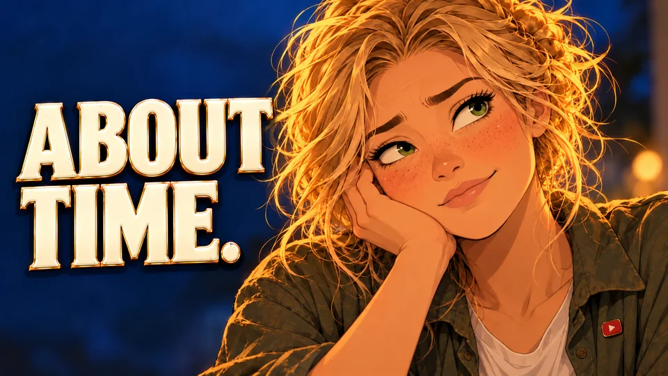 Sam rests her face on her hand beside the words ABOUT TIME.
